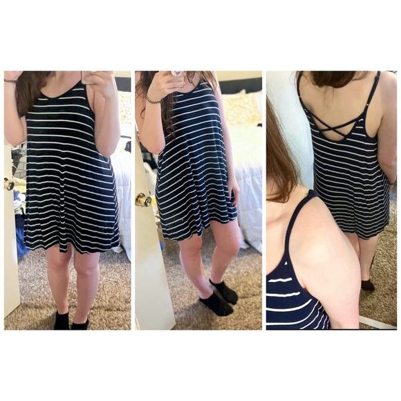 VGUC Navy & White Striped Tank Dress | Casual Adjustable Criss Cross Straps - Picture 6 of 6